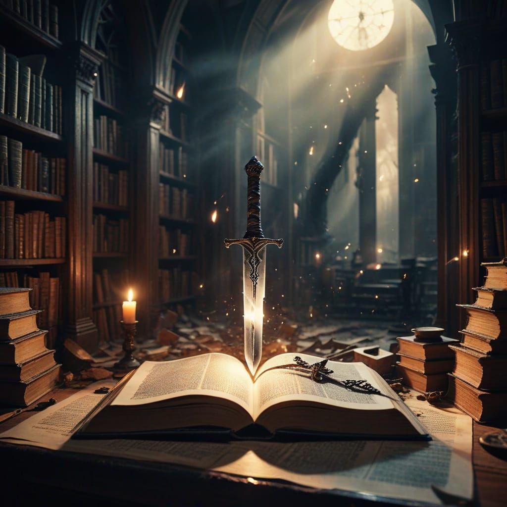 Dreamlike Watercolor of Sword in Mystical Library