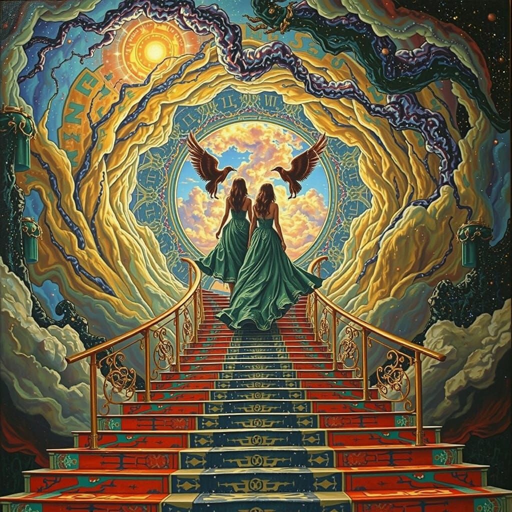 Three Sisters on Celestial Staircase in Hyperrealistic Style