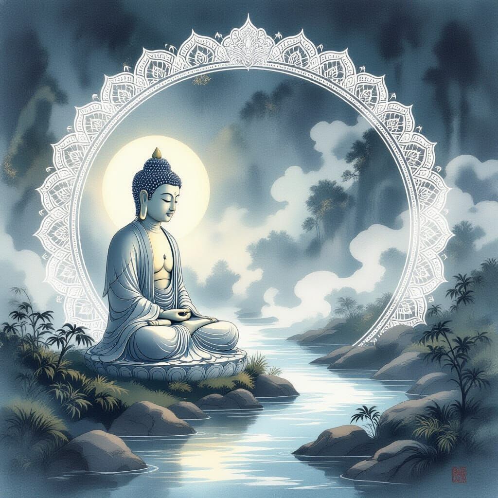 Luminous Mandala Buddha by Foggy Stream in Watercolour Style