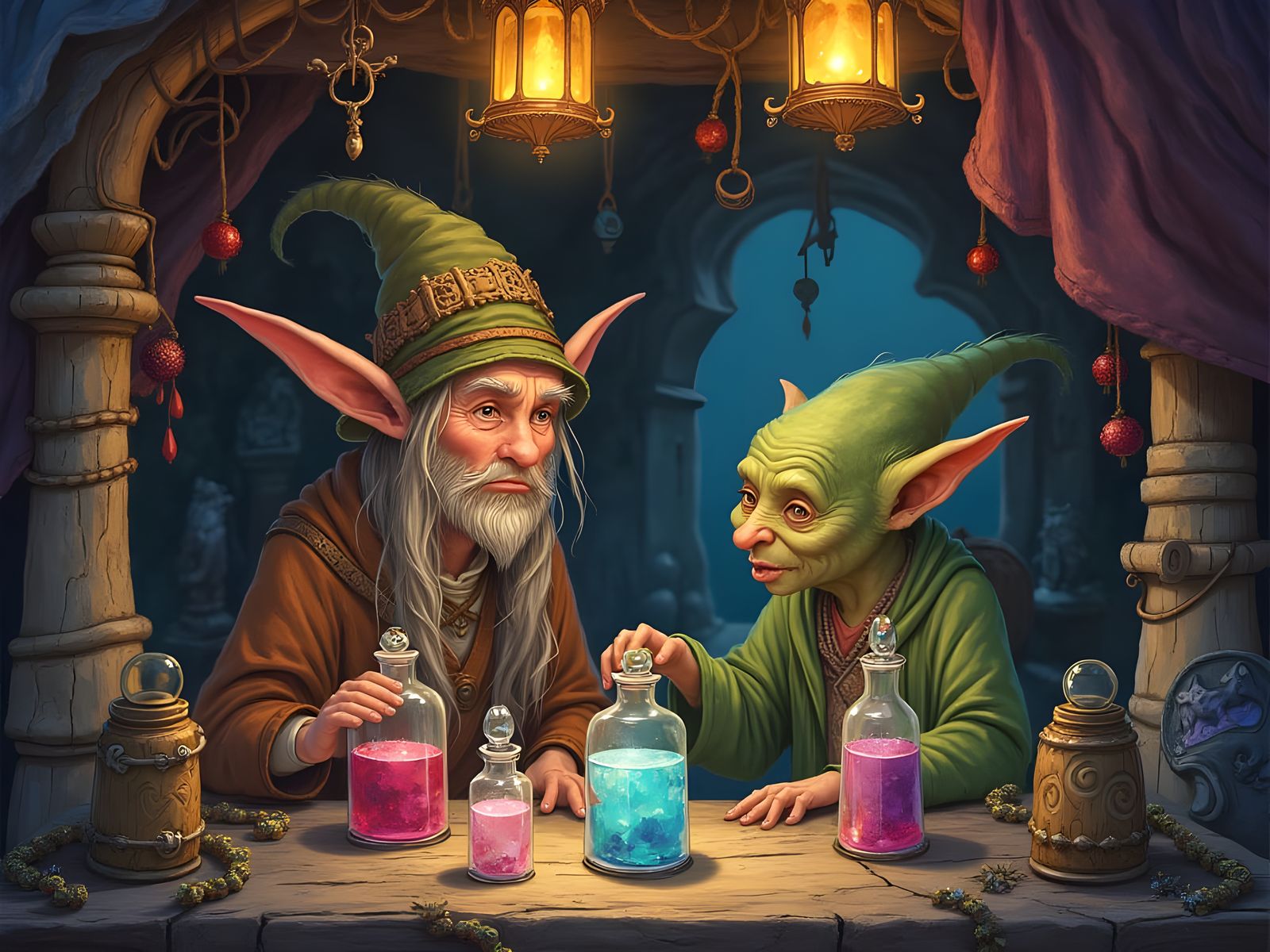 Elf and Goblin Potion Stall in Whimsical Style