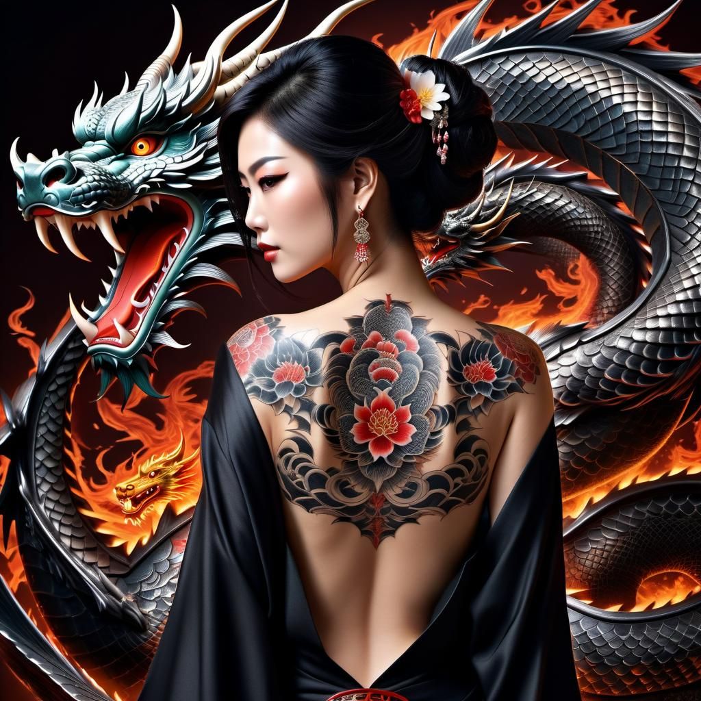 Yakuza Wife with Dragon Tattoos: Photorealistic Image