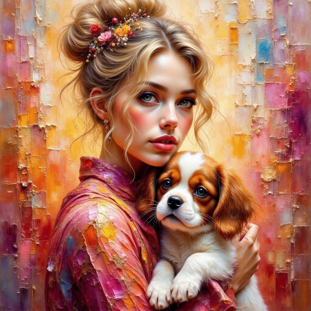 Gypsy Woman with Puppy: Impasto Oil Painting