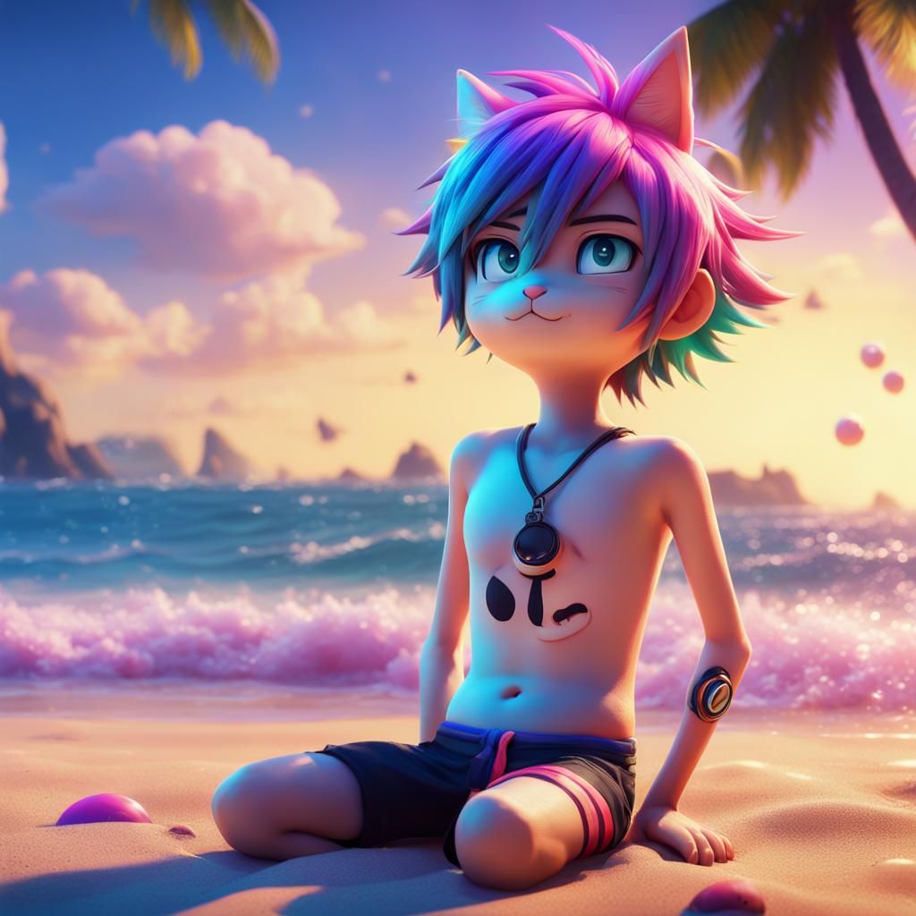 Anime Cat-Boy on the Beach in Pixar Style