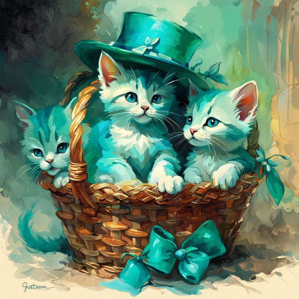 Turquoise Kittens in Top Hats: Gouache Watercolour Painting