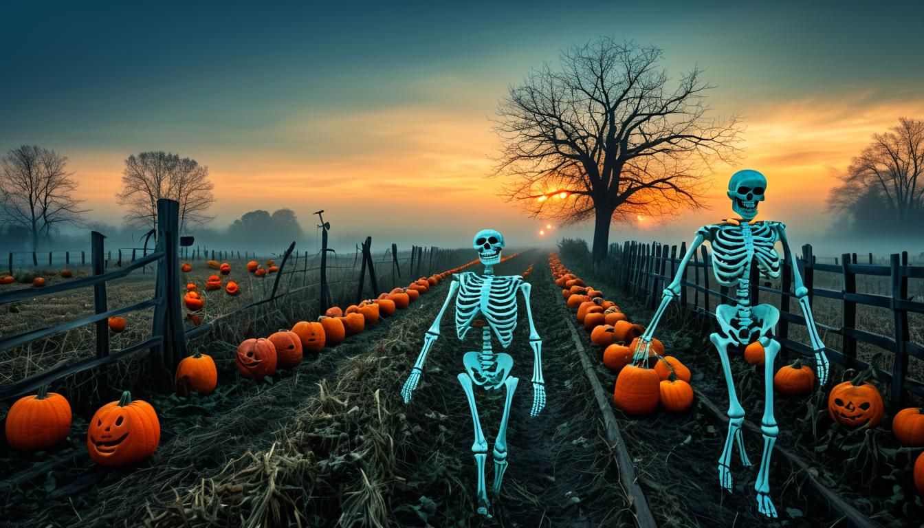 Skeletal Lantern Bearers in Surreal Dreamscape