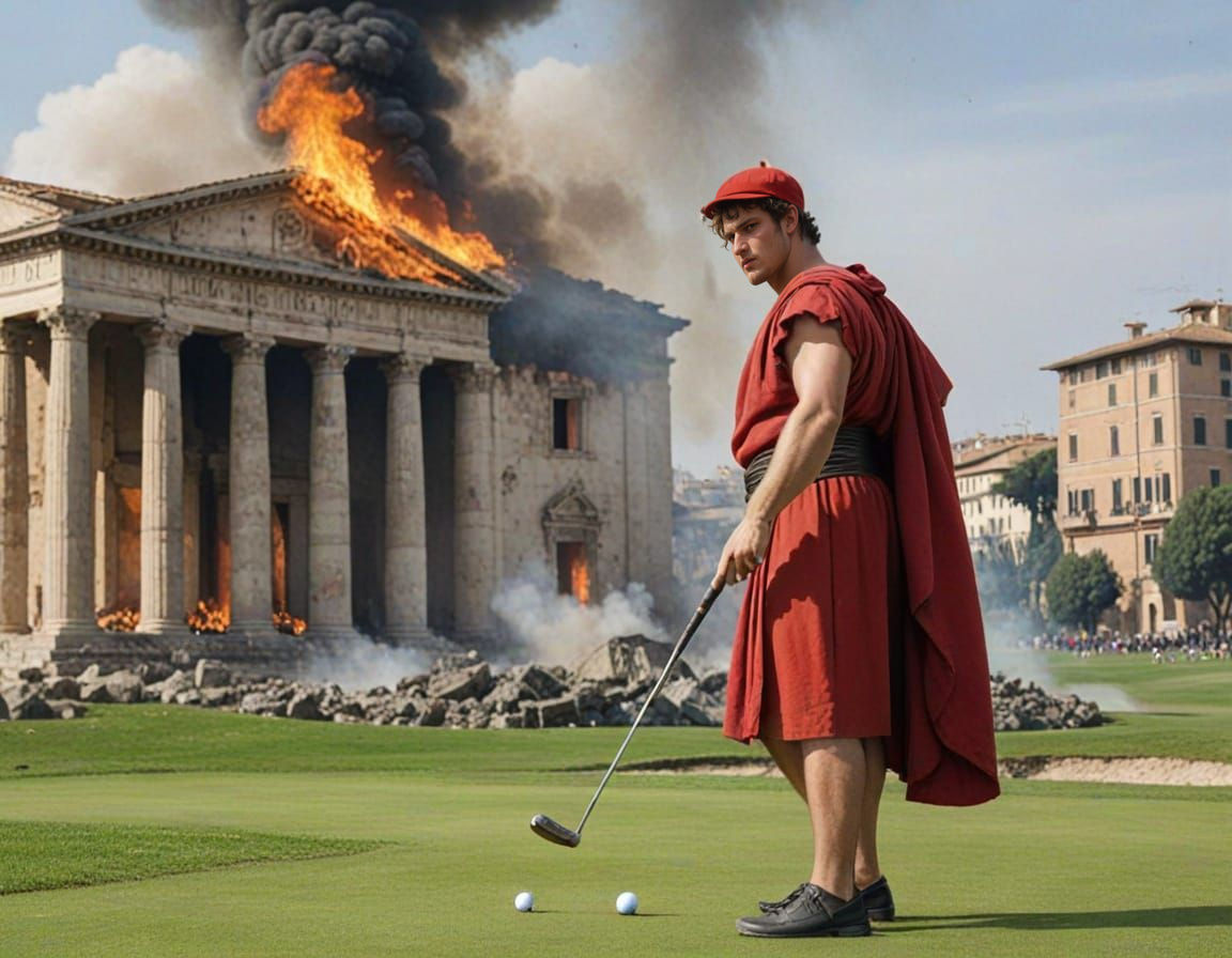Emperor Nero playing golf as Rome burns