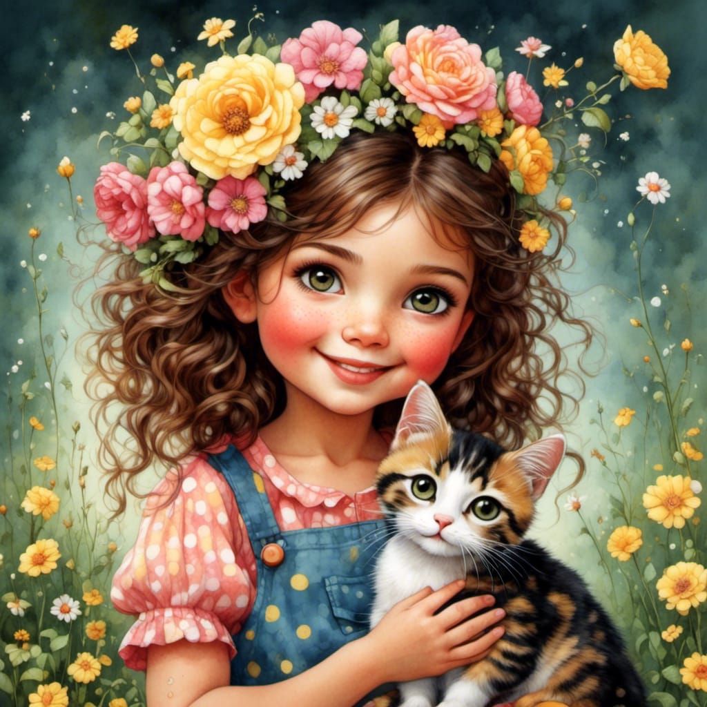 Whimsical Girl with Cat in Mary Engelbreit Style