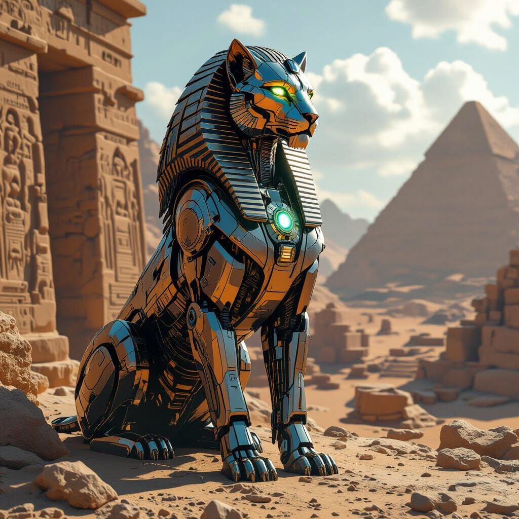 Cyborg Sphinx Guarding Ancient City in Hyperrealistic Style