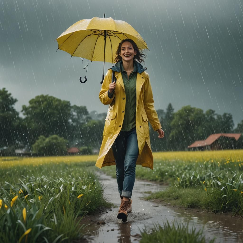 Happy Woman in Yellow Raincoat Splashing in Rainy Field