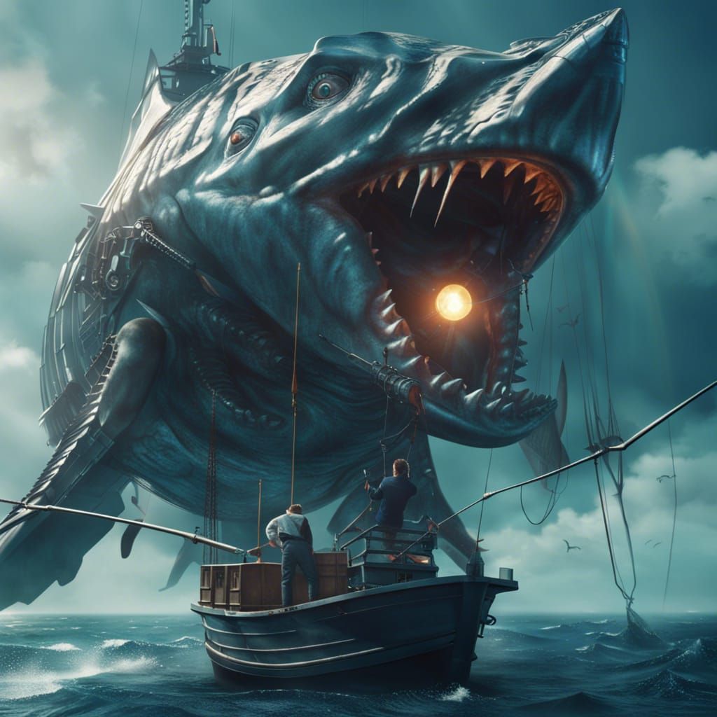 Fisherman Battles Robotic Megaladon in Hyperrealistic Futuri...