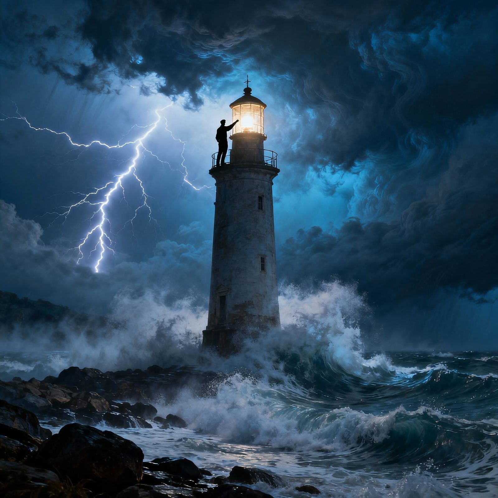 Lighthouse Keeper in Stormy Seas