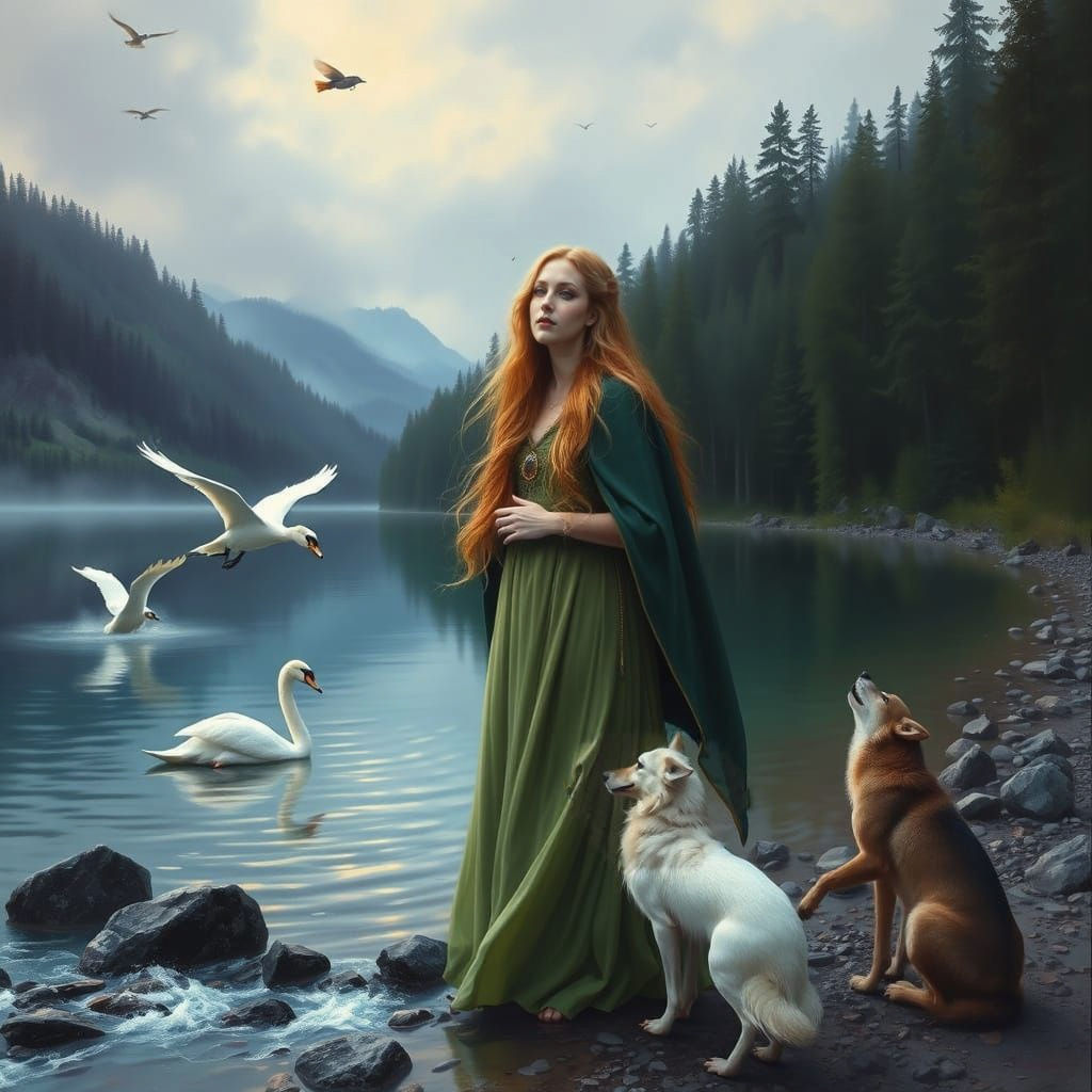 Mystical Minstrel Beside a Serene Lake in Early Morning Ligh...