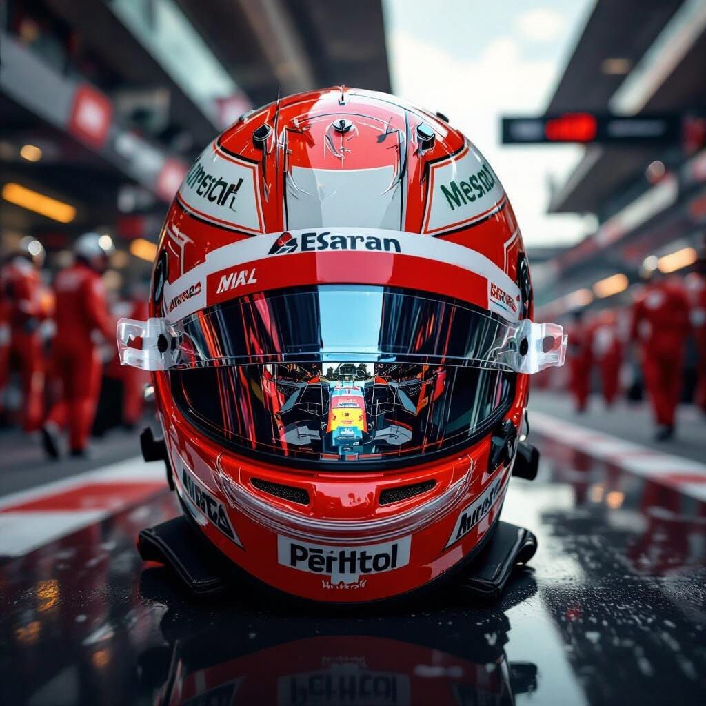 Formula 1 Helmet Reflects Pit Lane Action