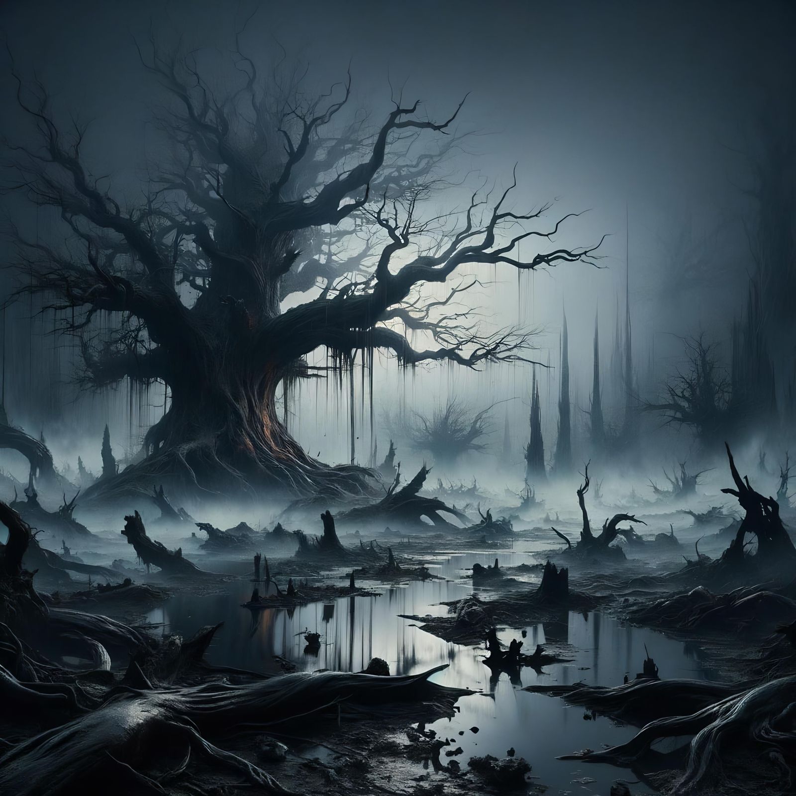 Black Giant Tree in Fog-Shrouded Swamp