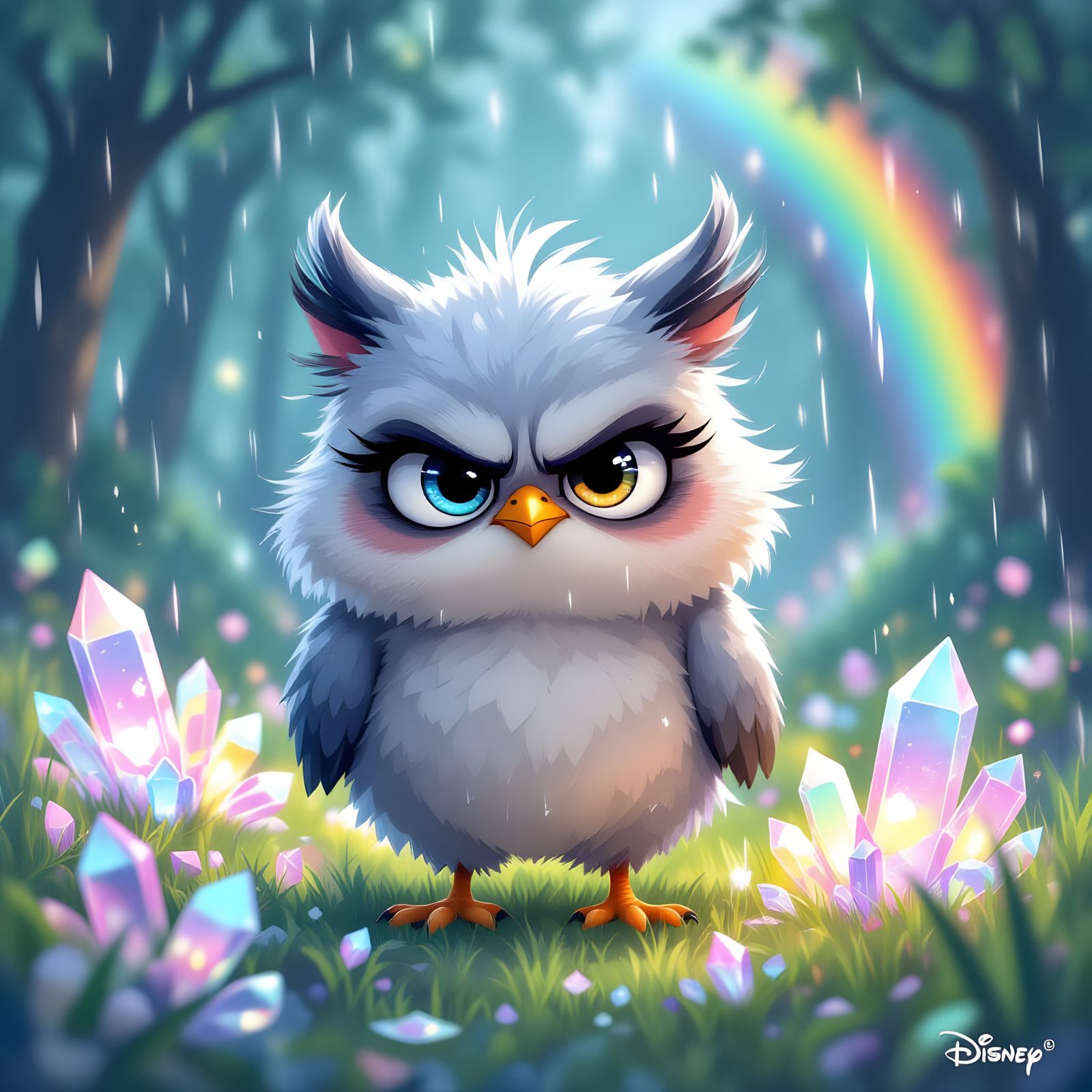 Grumpy Owl Chick in Dreamy Watercolor Forest