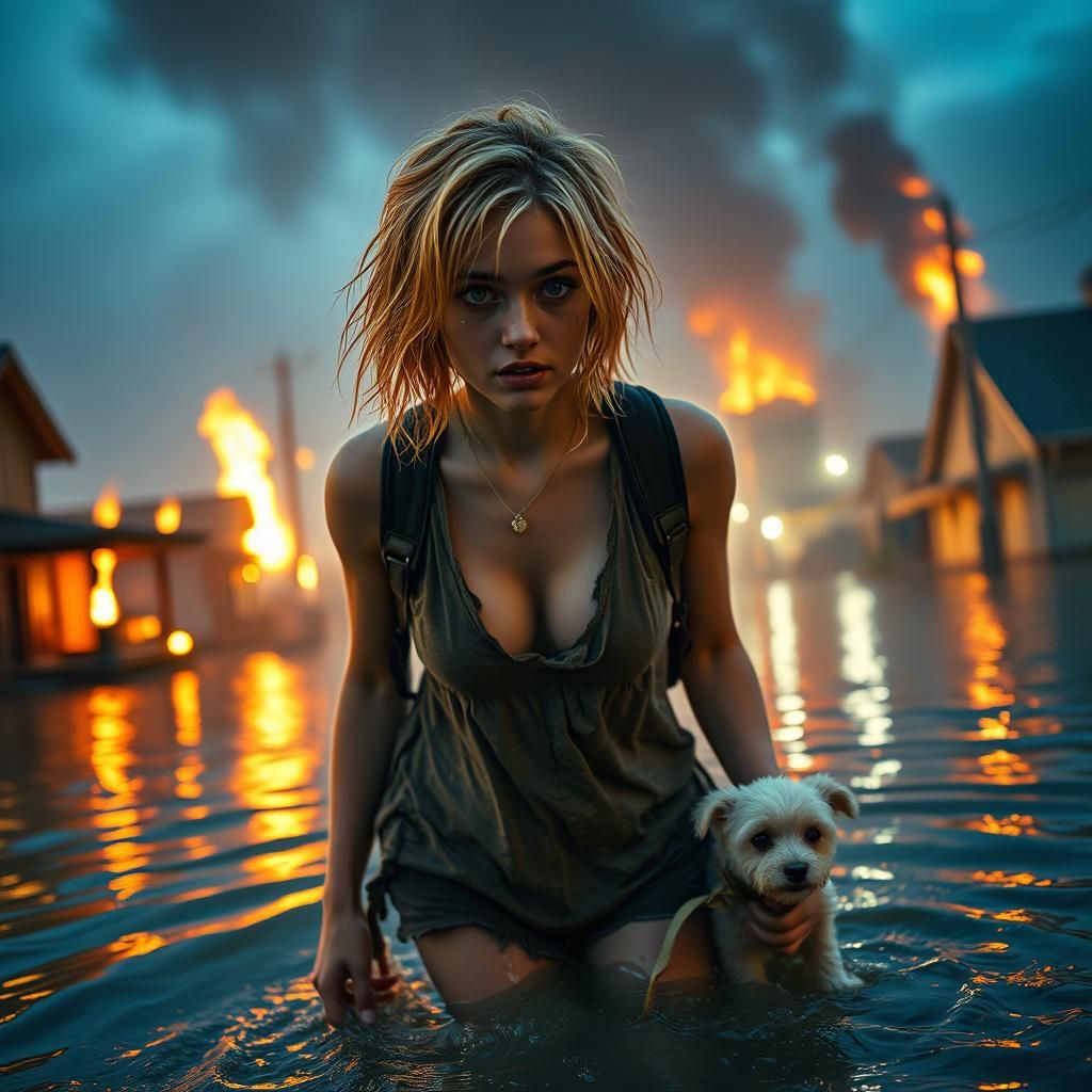 Woman and Dog in Burning Flood, Cinematic Style