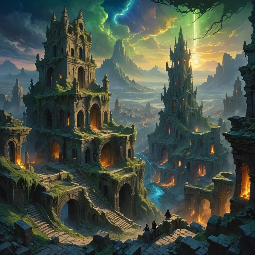 Ruined City Aurora: Epic Fantasy Digital Art
