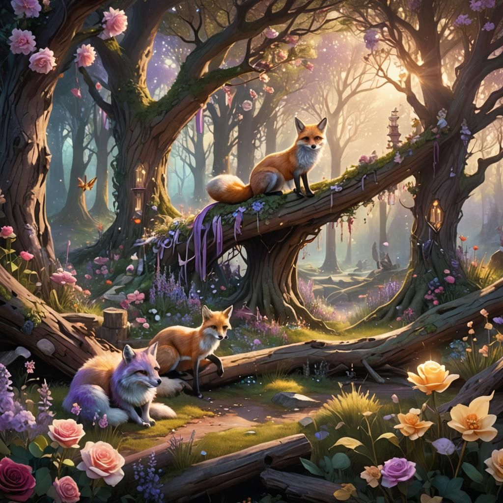 Enchanting Fairies and Fox in Forest, as Fantasy Art