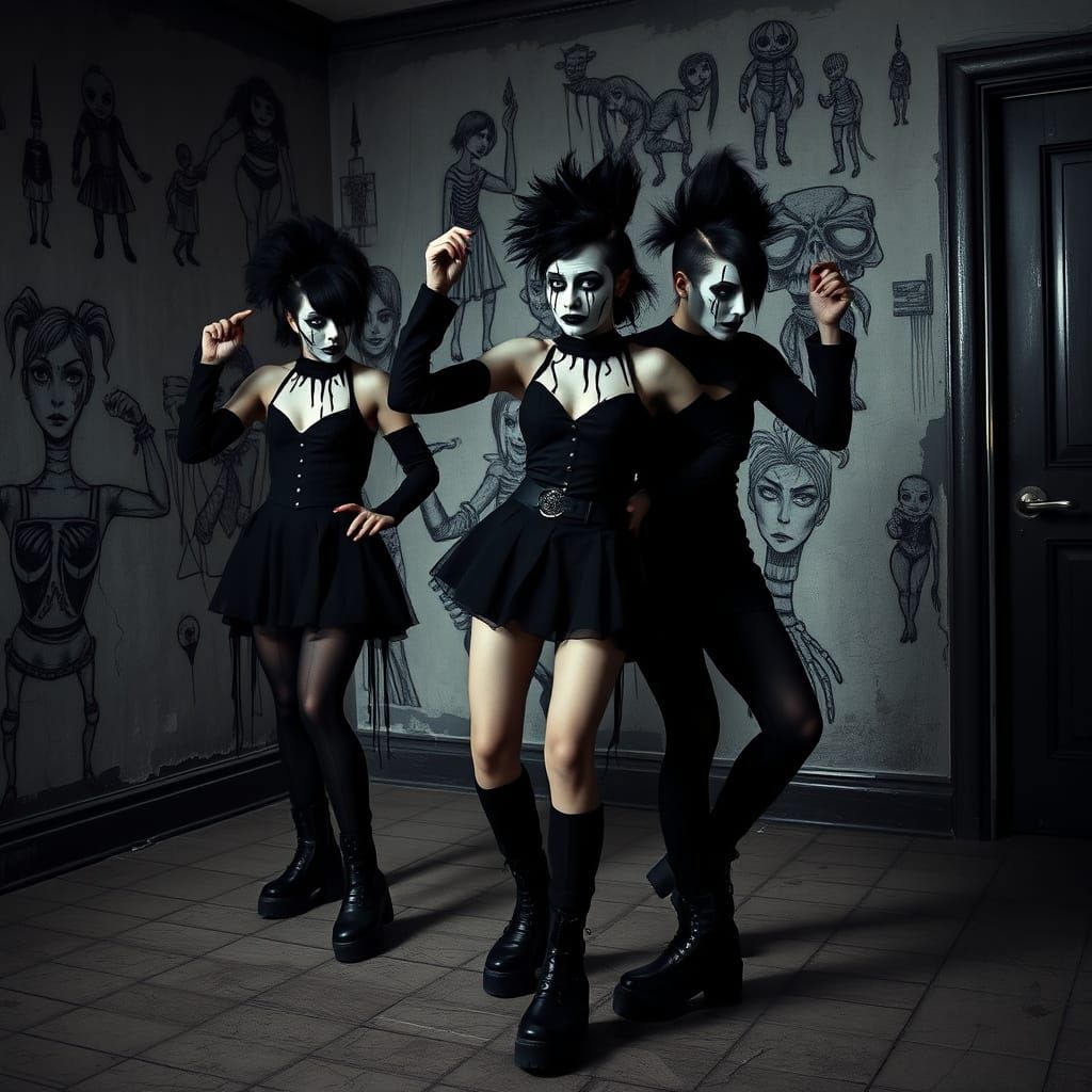 Gothic Women in Black Punk Attire Dance in a Dark Room