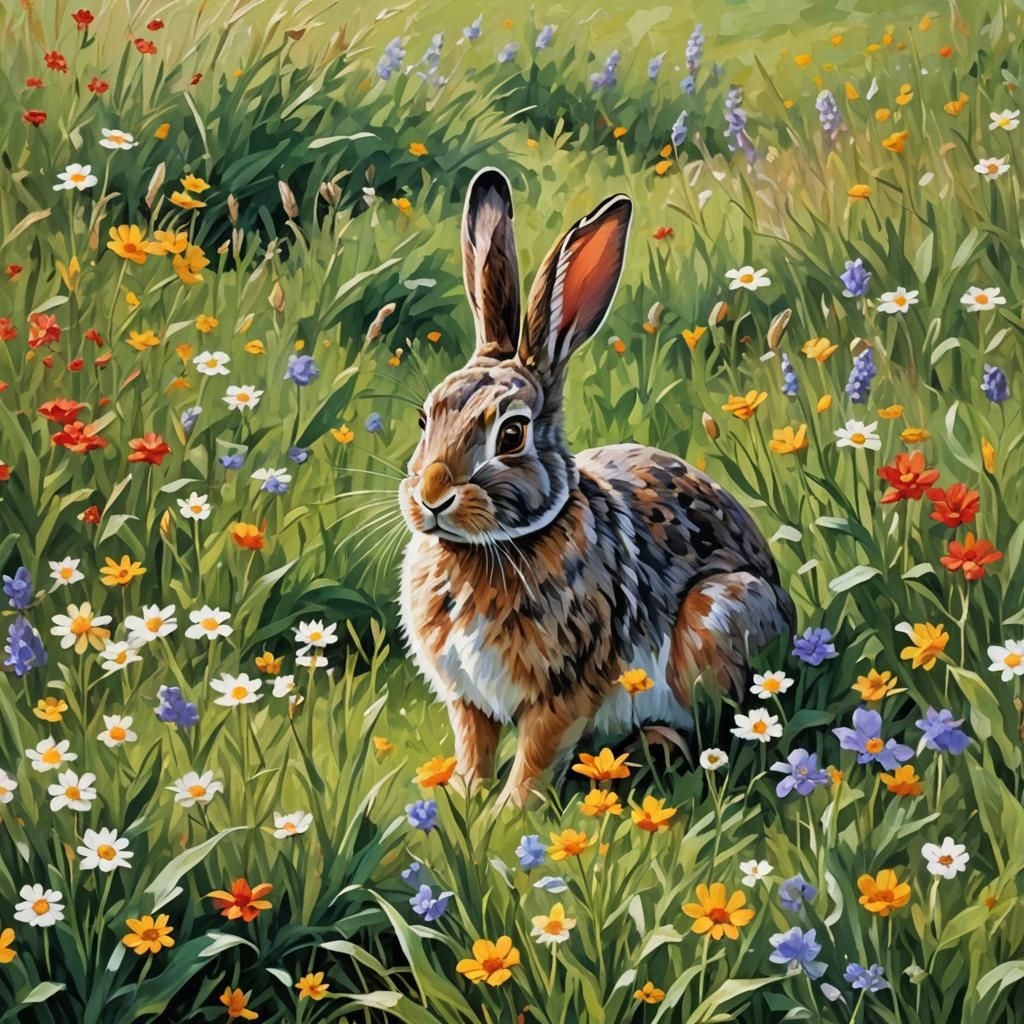 Rabbit in a Vibrant Countryside Landscape Painted in Impasto