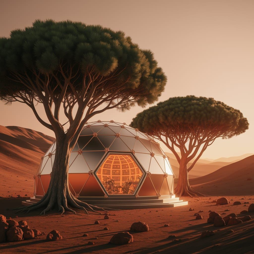 Hexagonal Survival Dome on Mars in Ansel Adams Style