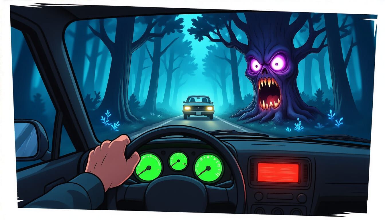 Ominous Drive Through Neon Forest in Comic Book Style