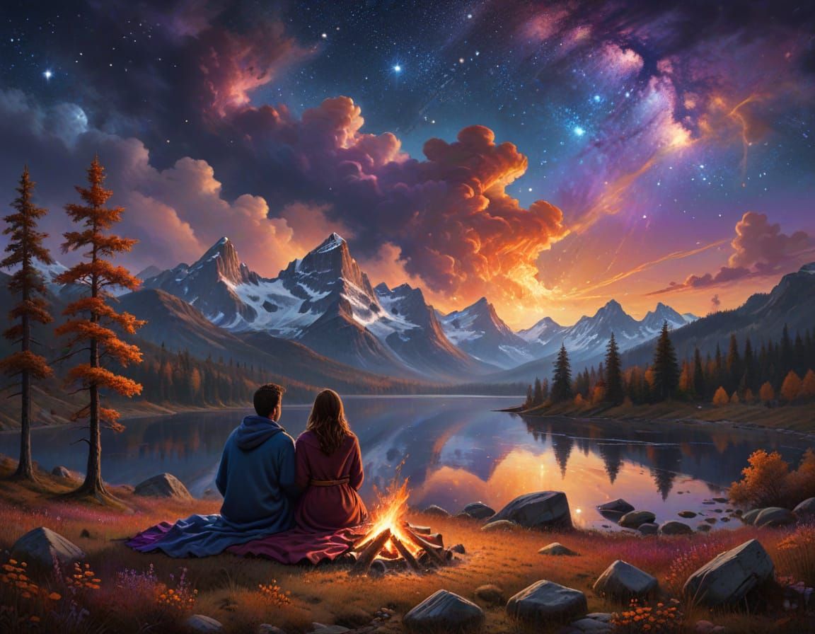 Stargazing Couple Beside Bonfire, Celestial Panorama