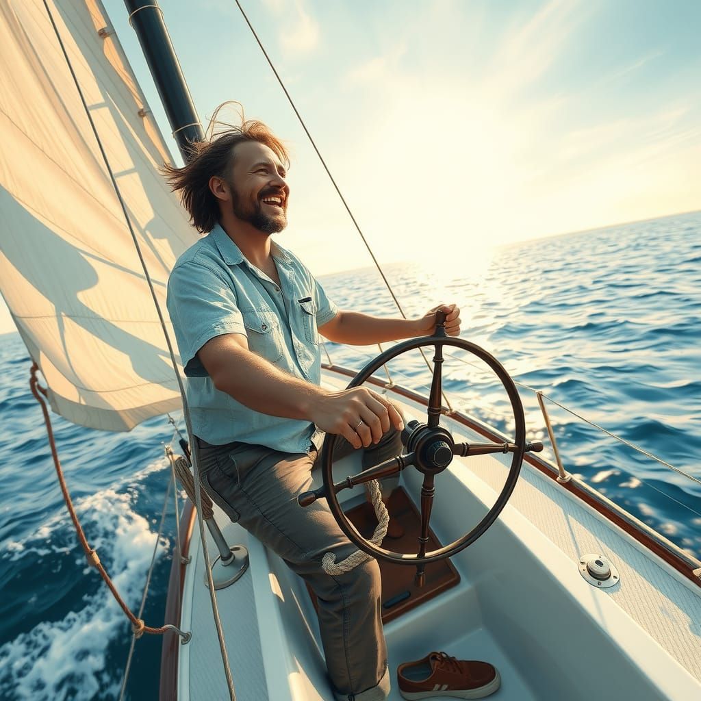a middle distance  shot of a man on a small sailing sloop cu...