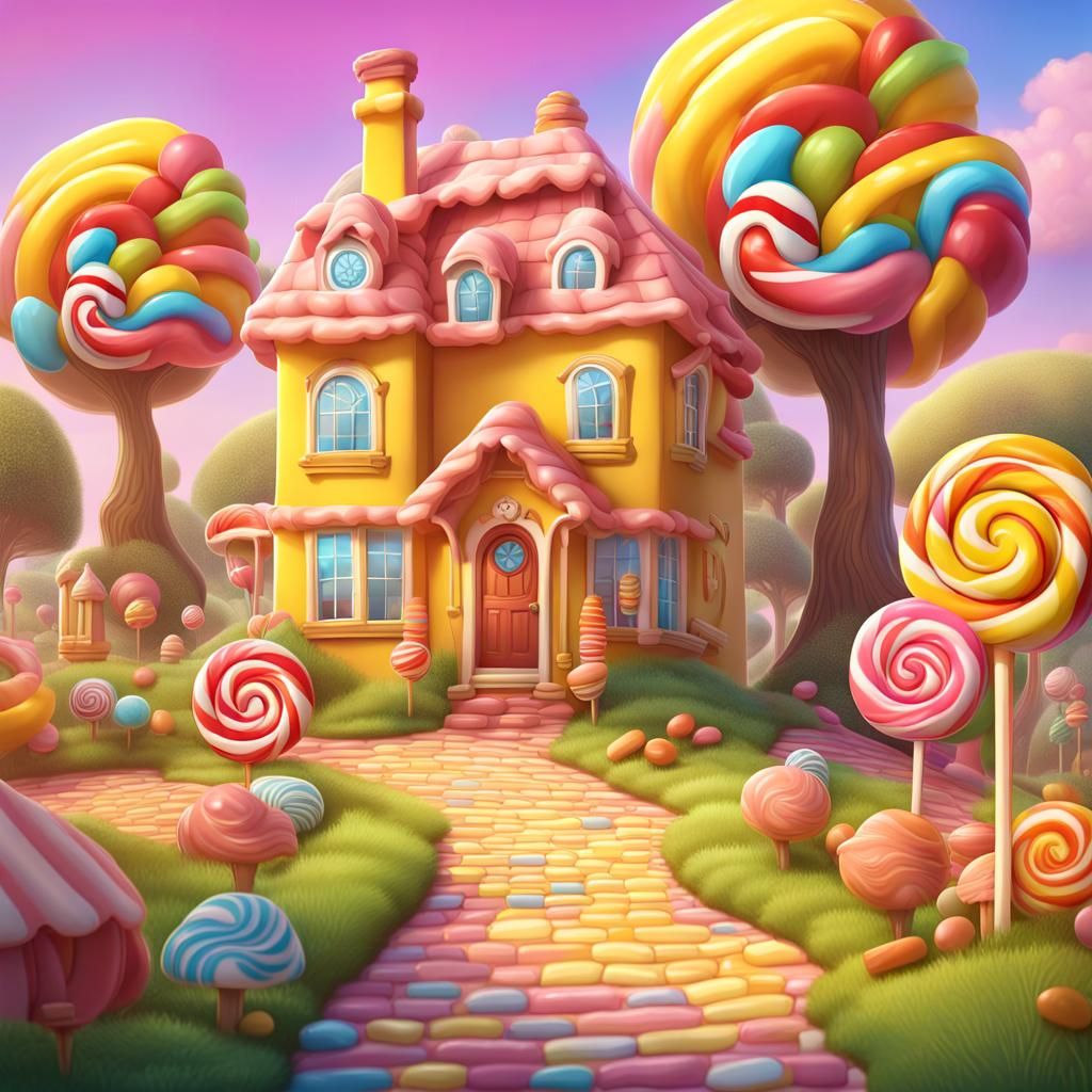 Hyperrealistic Candyland: Yellow Brick Road Illustration
