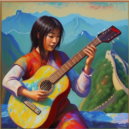 Dog Plays Guitar on Great Wall: Neo-Impressionism