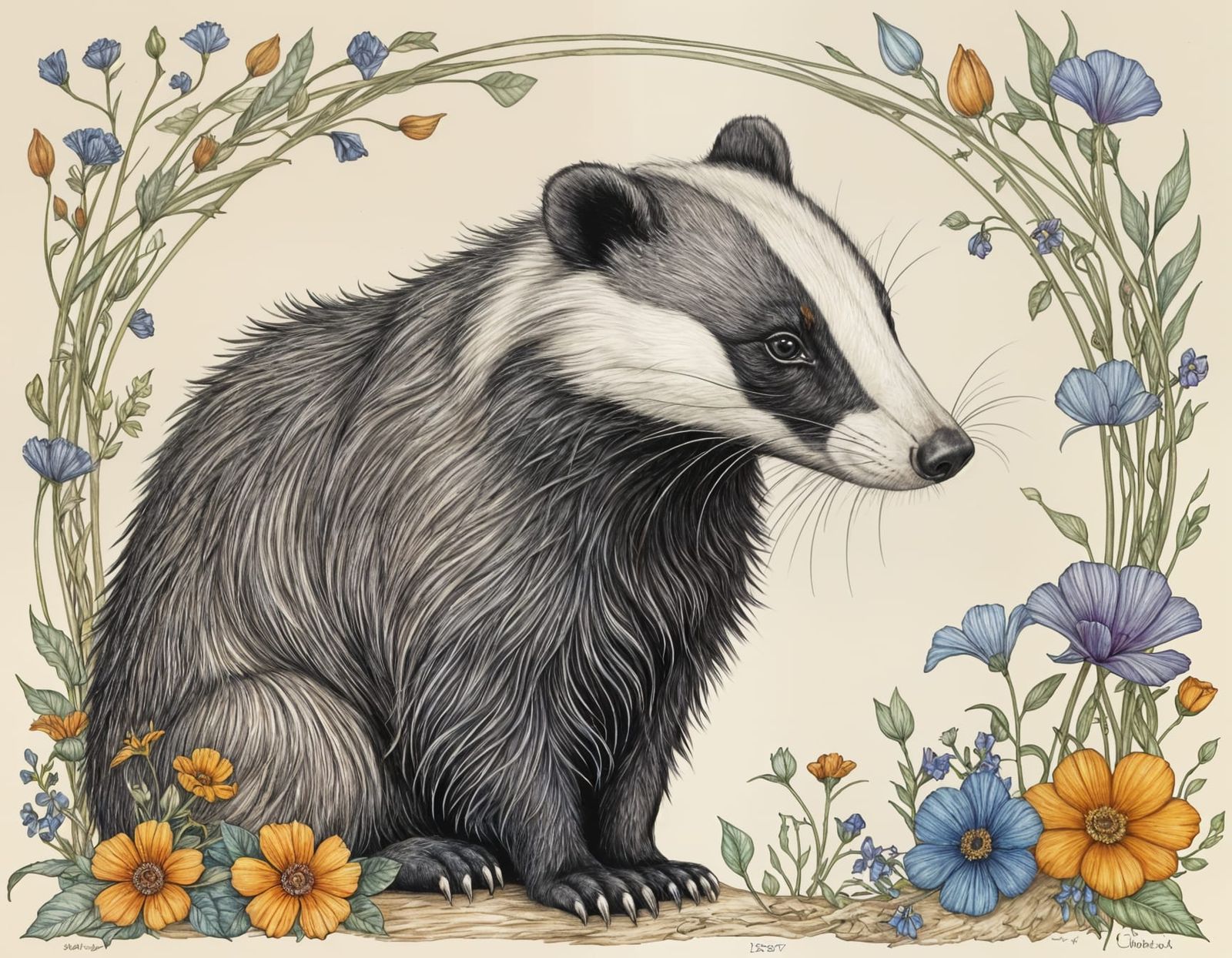Surreal Art Nouveau Badger in Vibrant Colors