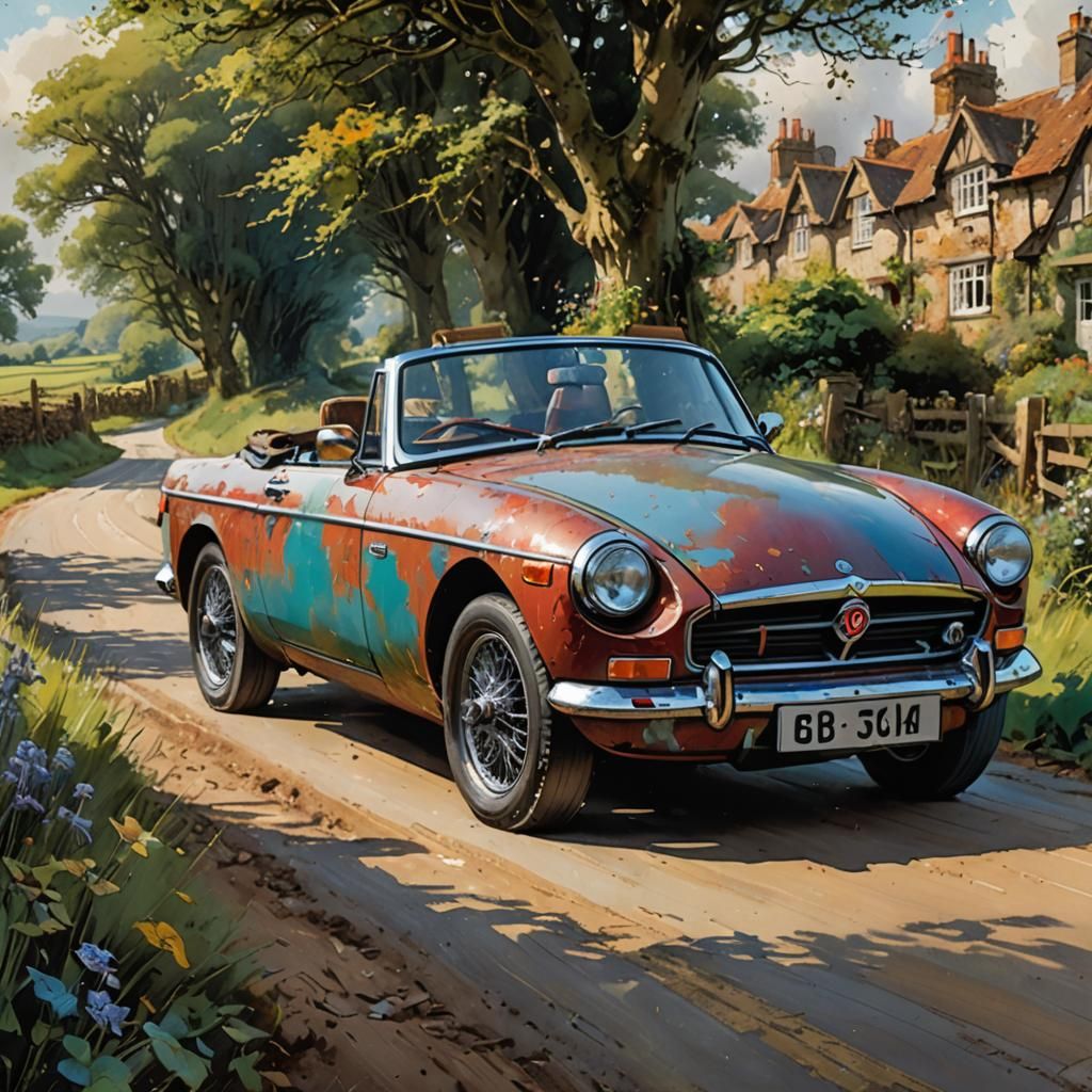 MGB Races Down Country Road in Fantasy Art