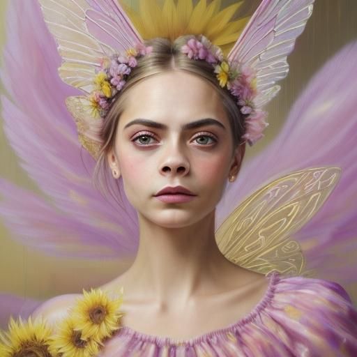 Fairy over Sunflower in Abstract Realism Oil Painting