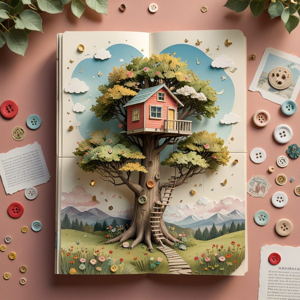 Whimsical Treehouse Scene in Scrapbook Style