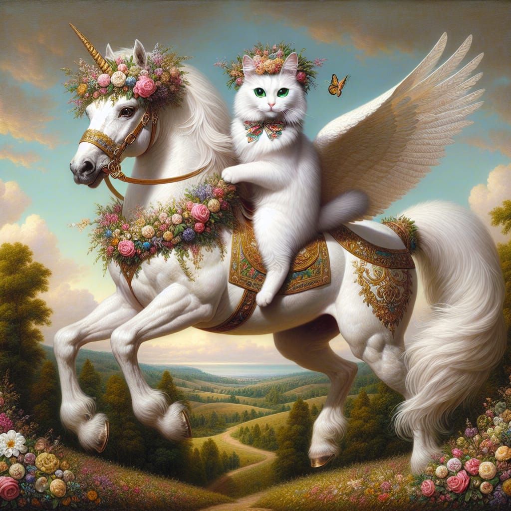 White Cat on Mythical Pegasus Soaring Over Countryside
