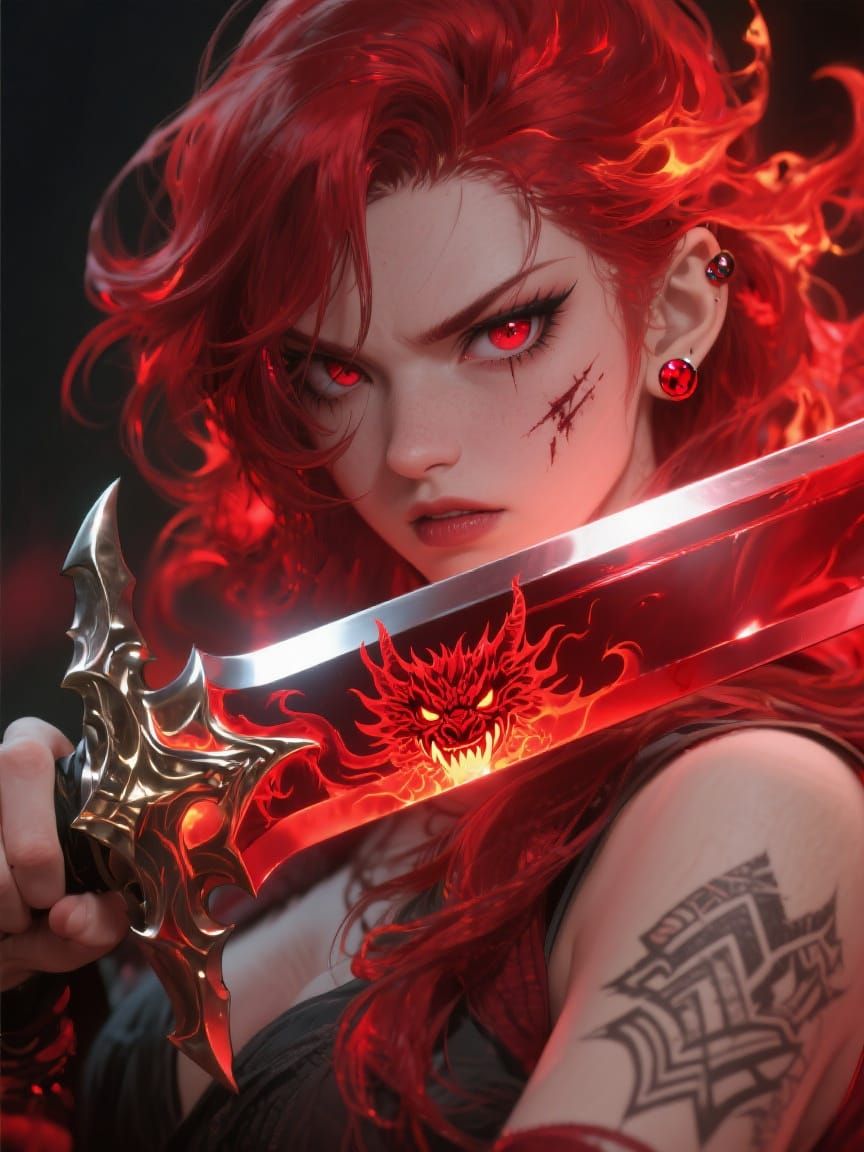 Fantasy Character with Flaming Red Hair and Dragon Reflectio...