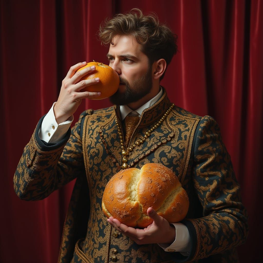 Baroque Gentleman Savoring Fruited Bread in Opulent Setting
