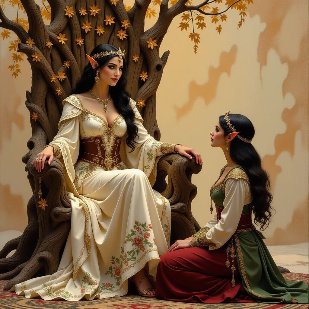 Elven Queen on Throne, Fantasy Oil Painting