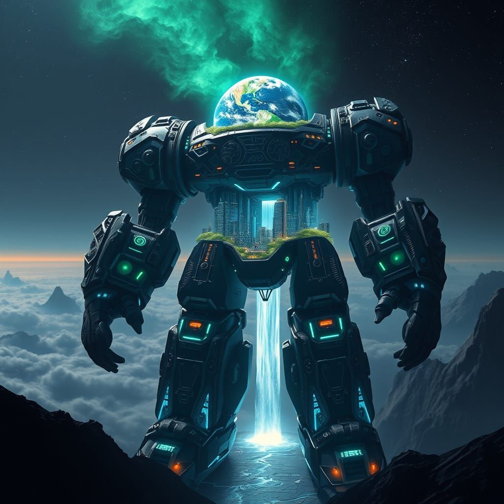 Cyberpunk Colossus Robot in Obsidian and Emerald Nebula