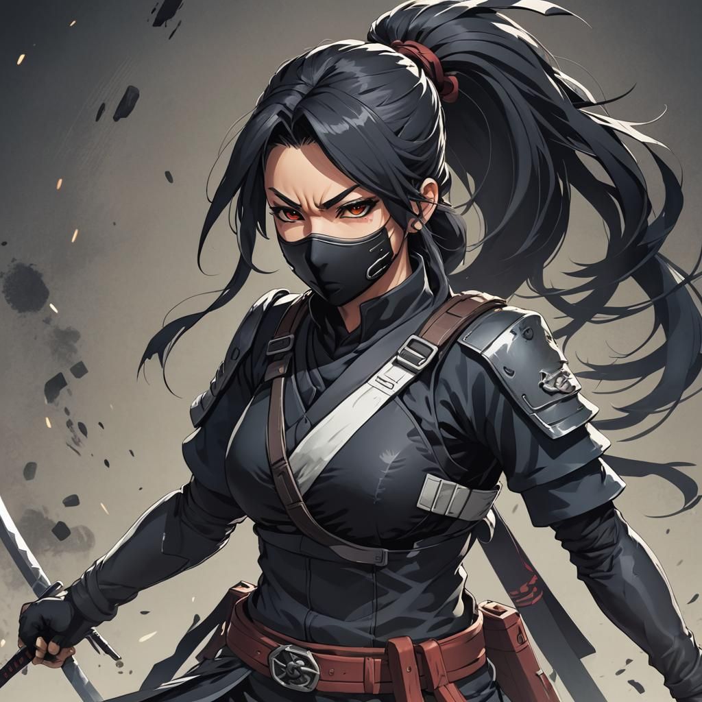 Anime Kunoichi in Combat: Cel-Shaded Manga Art