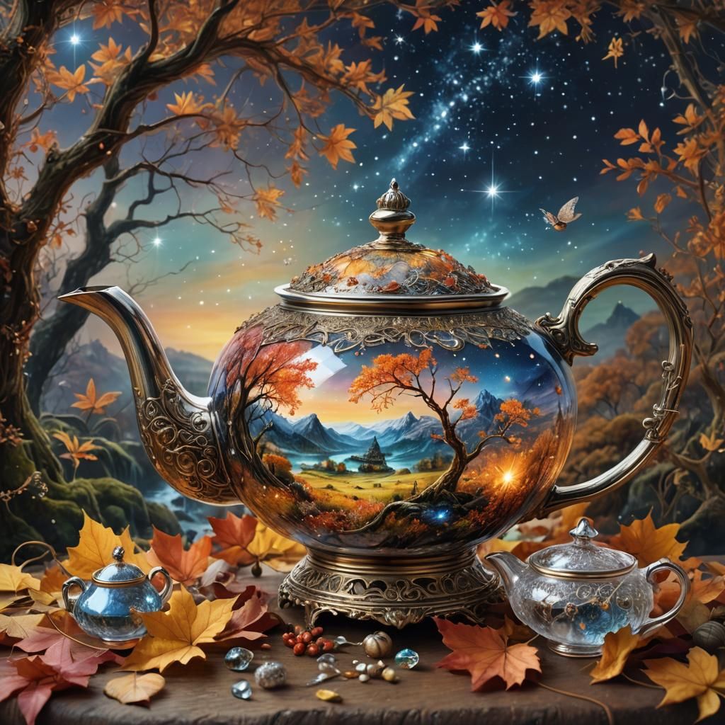 Starlit Autumn Landscape Flowing From Crystal Teapot