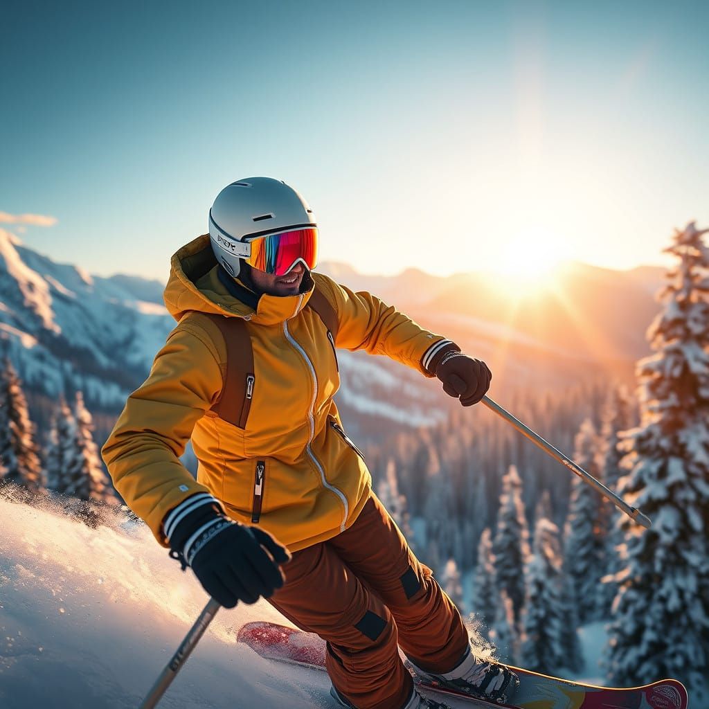 Sleek Skier Descends Majestic Mountain Landscape in Cyberpun...