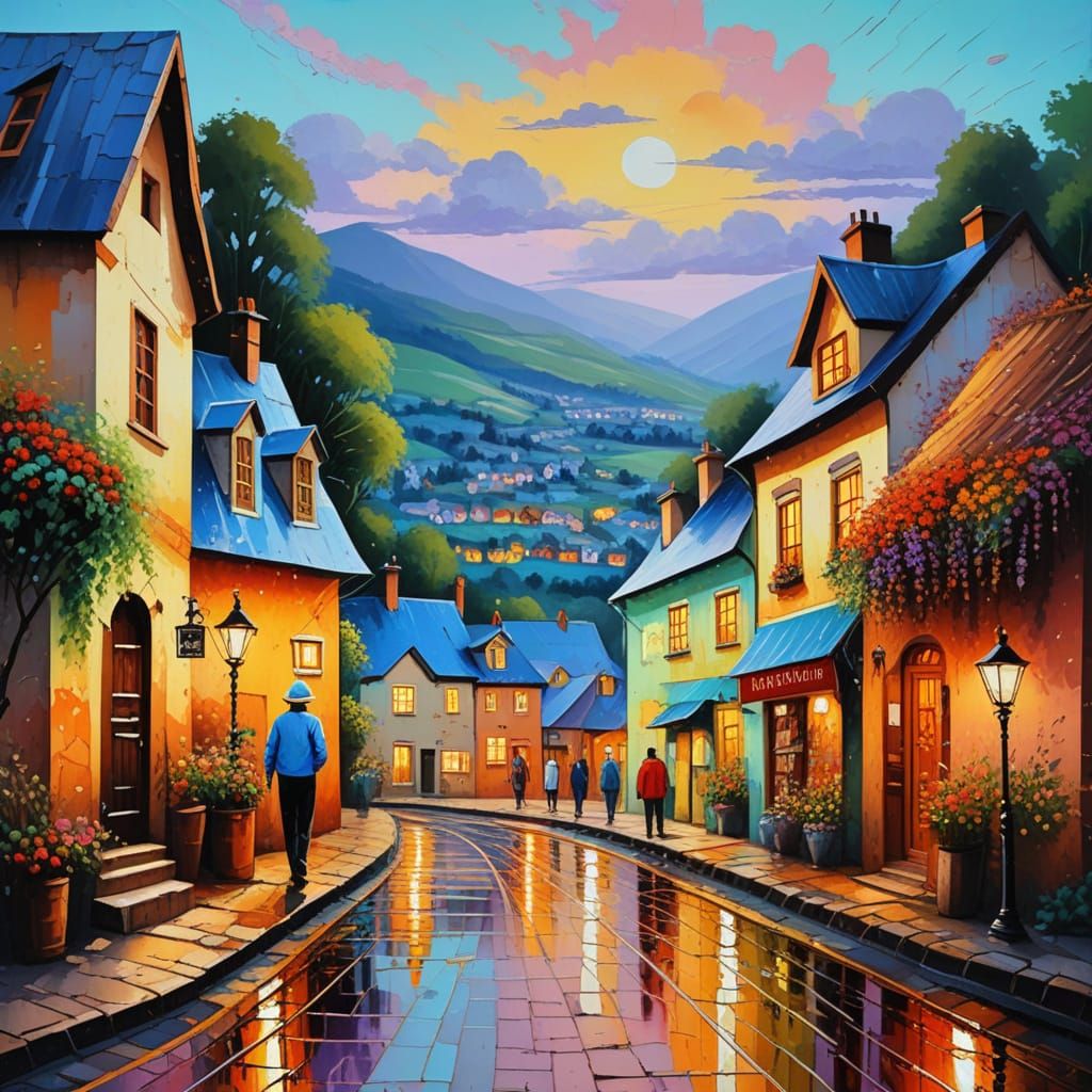 Neo-Impressionist Village at Sunset