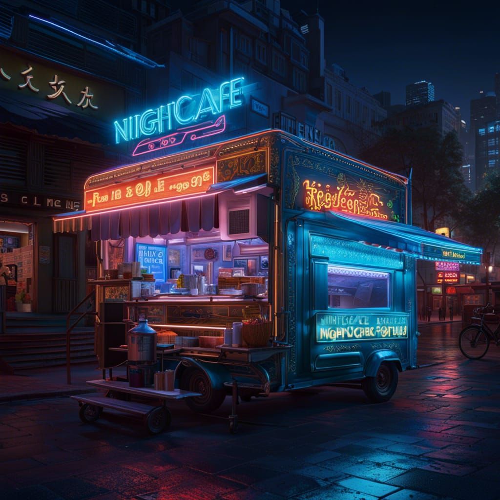 Cosmic Neon Shop Truck in Moonlit Cityscape