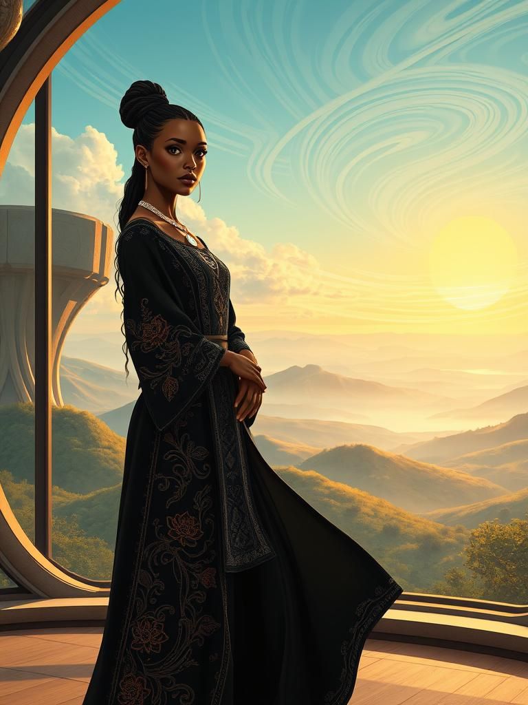 Black Priestess with Dual Suns in Anime Art Nouveau