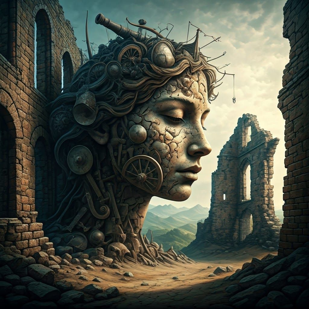 Hyperrealistic Ruined Castle Merging with Serene Woman