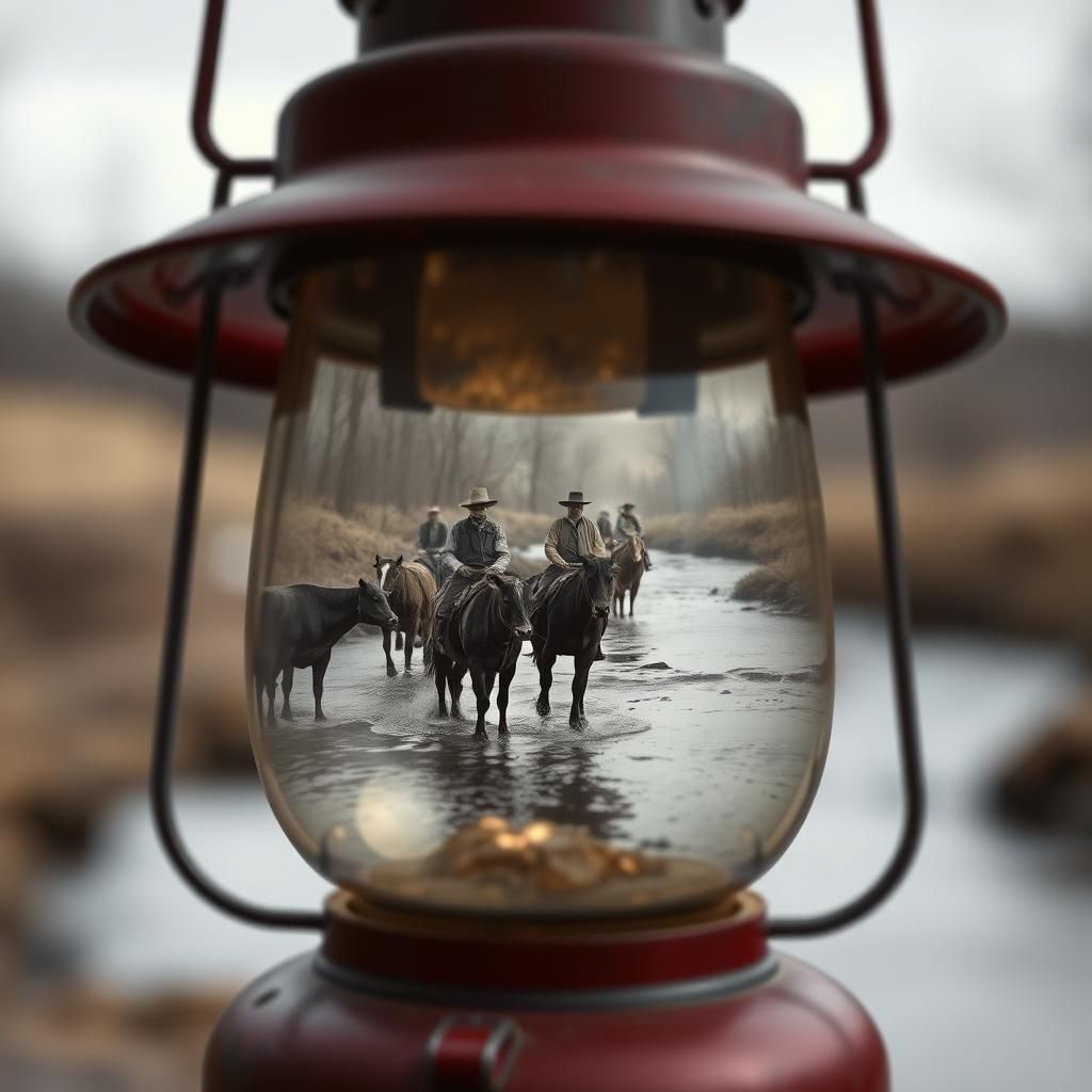 Vintage Cowboys Cross River Under Starlight