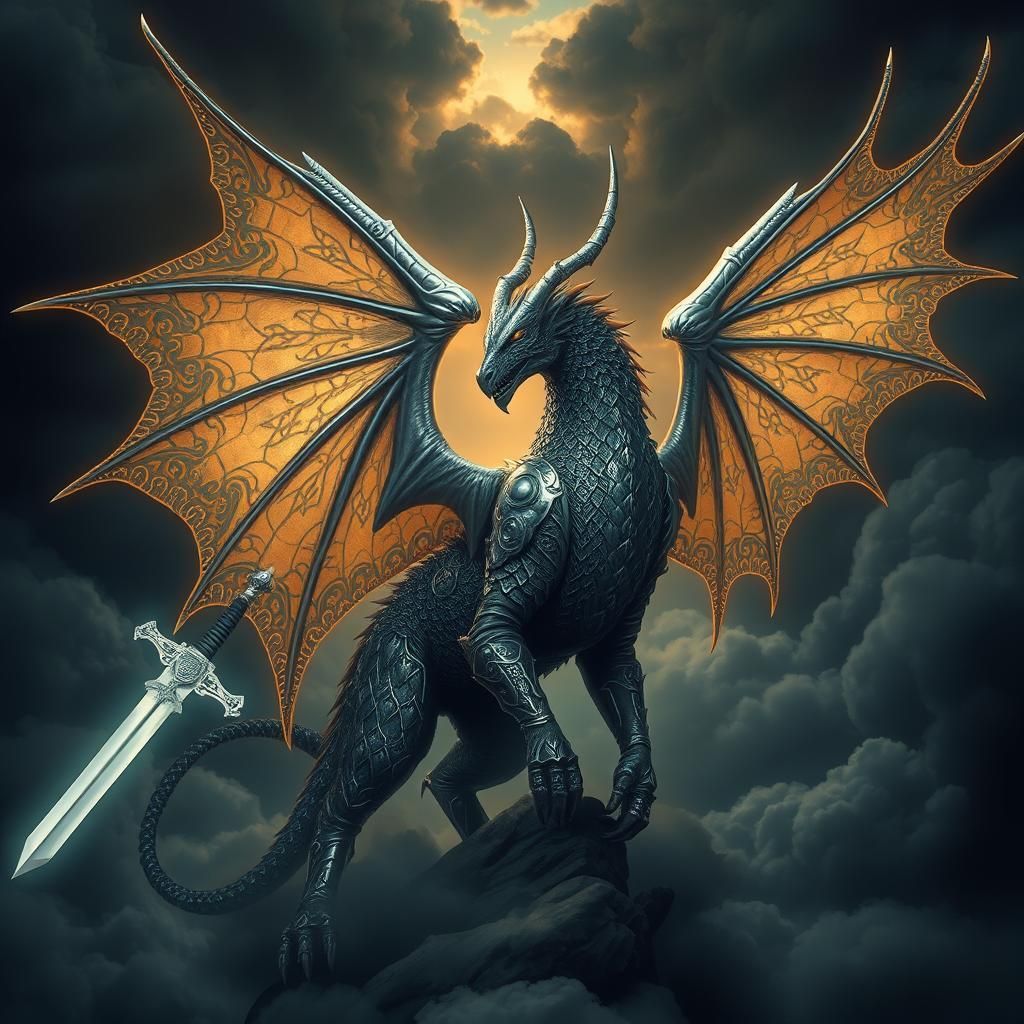 Manticore with silver armor wings and a silver sword