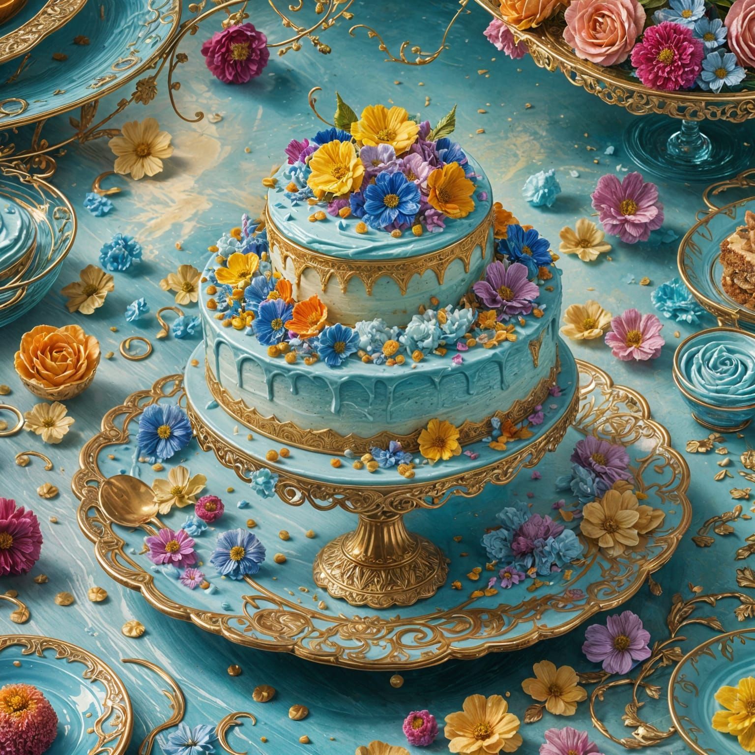 Artistic Dessert Presentation with Cake and Fruit