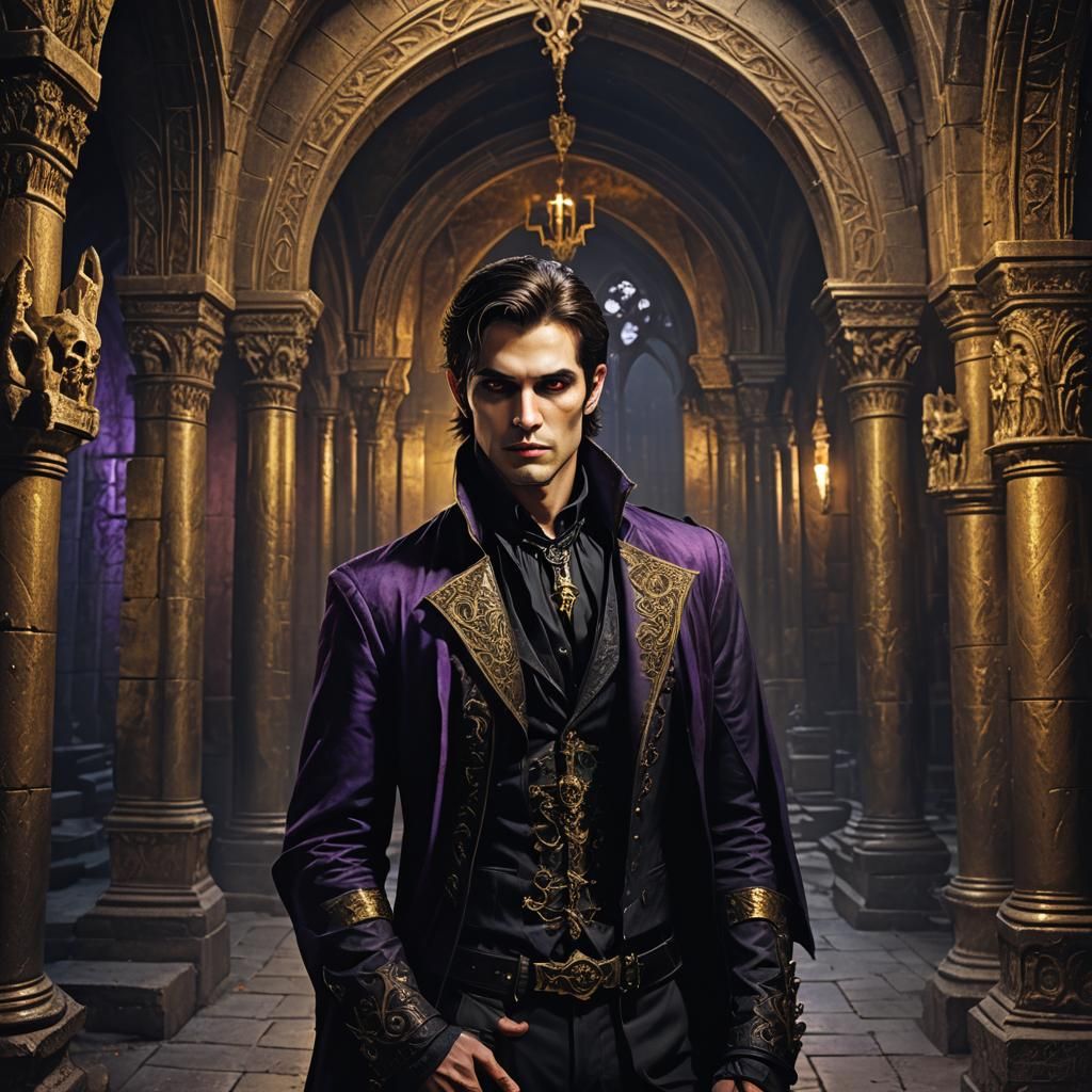 Gorgeous Vampire in Lavish Gothic Crypt: Fantasy Art
